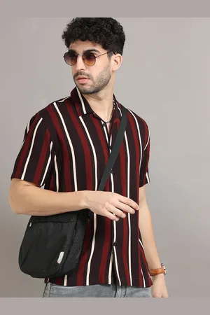 HERE&NOW Brown Striped Printed Cuban Collar Cotton Casual Shirt