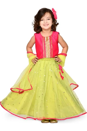 SAKA DESIGNS Girls Fluorescent Green & Magenta Embellished Sequinned Ready to Wear Lehenga & Blouse With