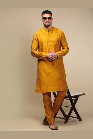 WHITE HEART Woven Design Band Collar Straight Kurta With Pyjamas