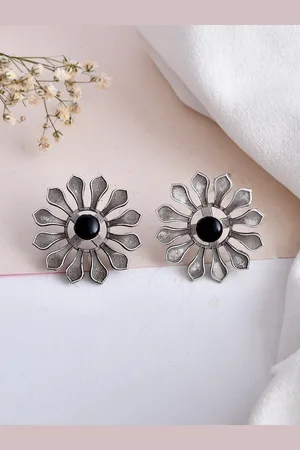 Dastoor Silver-Plated Oxidised Contemporary Studs Earrings