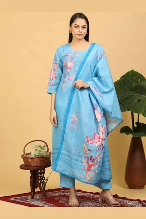 Goldstroms Women Floral Printed Regular Linen Kurta with Trousers & With Dupatta