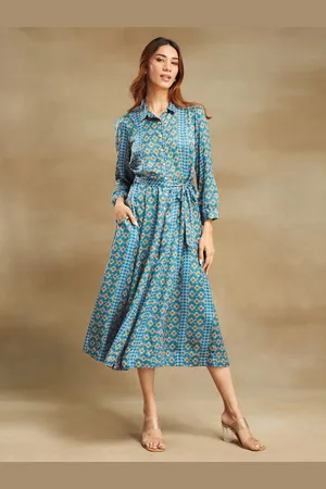 Fabindia Printed Belted A-Line Midi Dress