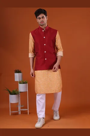 SHIWAM ETHNIX Ethnic Motifs Printed Cotton Silk Straight Kurta & Pyjama With Nehru Jacket