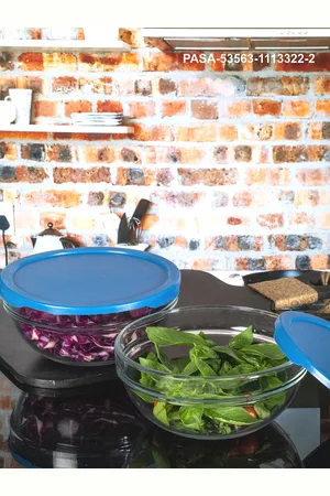 Pasabahce Transparent & Blue Solid Set of 2 Glass Food Container with Lid 1.1 L