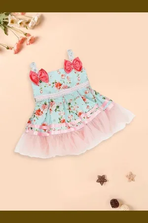 MeeMee Girls Floral Printed Bow Detailed Cotton Fit & Flare Dress