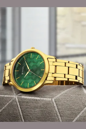 Titan Men Green Brass Dial & Gold Toned Stainless Steel Bracelet Style Straps Analogue Watch 1825YM07