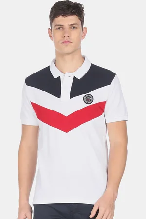 U.S. Polo Assn. Men White & Navy Blue Colourblocked Polo Collar Pure Cotton T-shirt