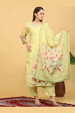 Goldstroms Women Floral Embroidered Regular Thread Work Linen Kurta with Trousers & With Dupatta