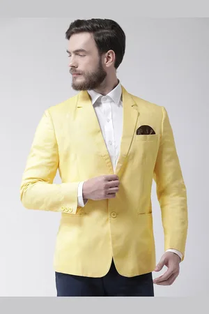 Hangup Men Yellow Solid Single-Breasted Casual Linen Blazer
