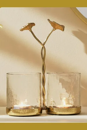 Home Centre Splendid Gold-Toned Textured Clear Glass Hammered Twin Votive Holder