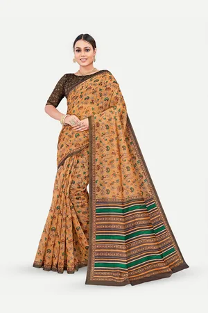 TAVAS Mustard & Green Ethnic Motifs Silk Blend Chanderi Saree