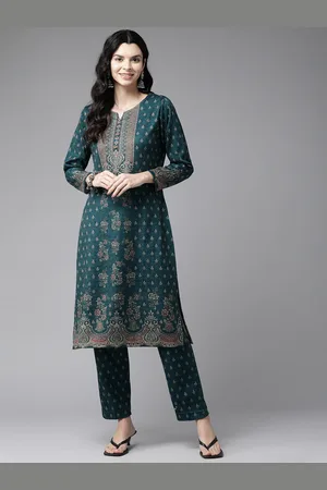 Cayman Women Floral Printed Regular Sequinned Pure Wool Kurta with Trousers