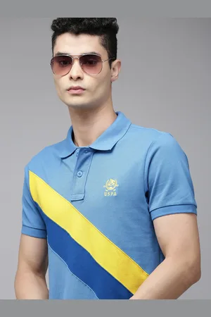 U.S. Polo Assn. U S Polo Assn Men Blue & Yellow Striped Polo Collar Pure Cotton Slim Fit T-shirt
