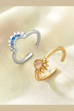 KARISHMA KREATIONS Set Of 2 Gold & Silver Plated Cubic Zirconia Studded Sun & Moon Rings