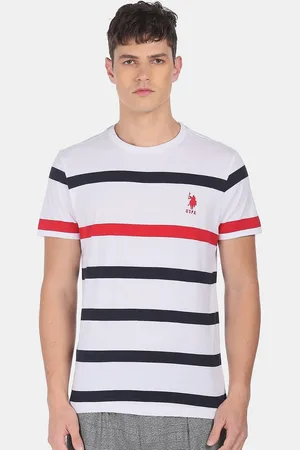 U.S. Polo Assn. Men White & Navy Blue Striped Pure Cotton T-shirt