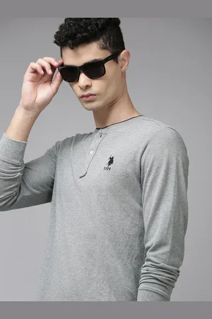 U.S. Polo Assn. U S Polo Assn Men Grey Solid Henley Neck Slim Fit T-shirt