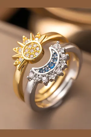 KARISHMA KREATIONS Set Of 2 Gold & Silver Plated Cubic Zirconia Studded Sun & Moon Rings