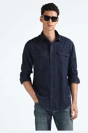 Flying Machine Men Spread Collar Solid Cotton Casual Shirt