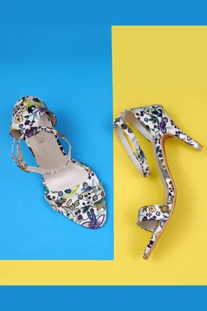 Misto Floral Printed Open Toe Stiletto Heels With Ankle Loop