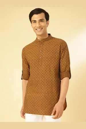 Fabindia Ethnic Motifs Printed Mandarin Collar Roll-Up Sleeves Cotton Straight Short Kurta