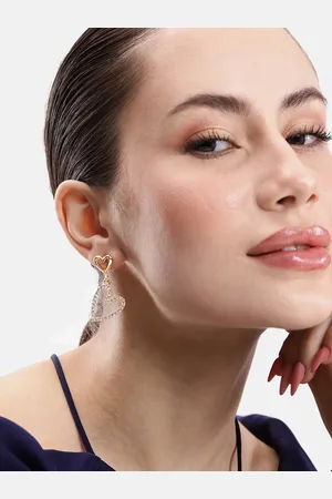DressBerry Heart Shaped Stone-Studded Drop Earrings
