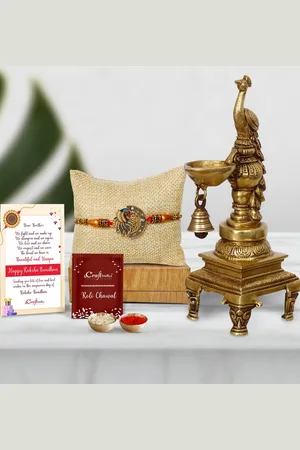 eCraftIndia Multicoloured Peocock with Brass Hanging Diya With Stand Rakhi Gift Set