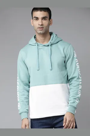 Roadster Men Sea Green & White Colourblocked Hooded Sweatshirt