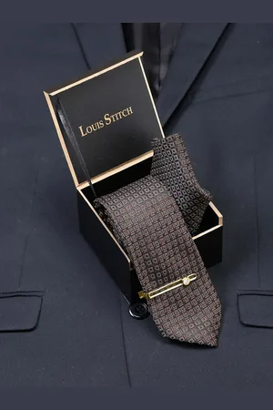 LOUIS STITCH Men Chocolate Brown Italian Silk Necktie Accessory Gift Set