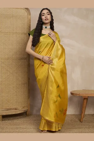 all about you Floral Zari Silk Cotton Block Print Saree