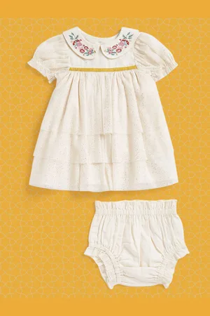 Mothercare Infant Girls White Floral Embroidered Shimmer Peter Pan Collar A-Line Dress