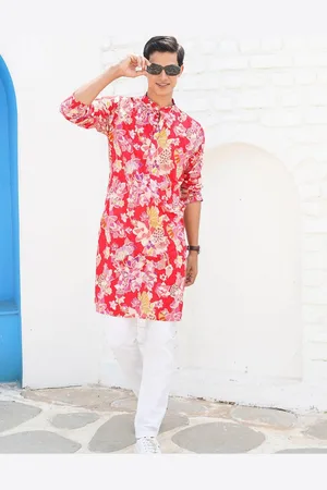 SHIWAM ETHNIX Mandarin Collar Printed Regular Straight Kurta with Pyjamas