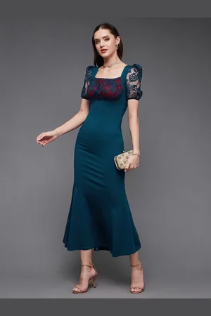 Miss Chase Square Neck Short Puff Sleeves Georgette Lace Overlaid Bodycon Dress