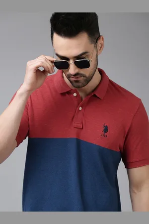 U.S. Polo Assn. U S Polo Assn Men Red & Blue Colourblocked Polo Collar Pure Cotton Slim Fit T-shirt