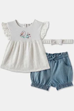 R&B Infants Girls Schiffli Embroidered Pure Cotton Top With Shorts & Headband