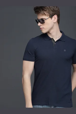 WROGN Men Navy Blue Solid Slim Fit Polo Pure Cotton T-shirt