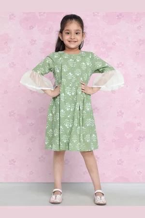 Indo Era Girls Green Floral Printed Bell Sleeve Cotton A-Line Dress