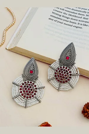 ABDESIGNS Elegant German Silver Plated Pearls Studded Classic Drop Earrings