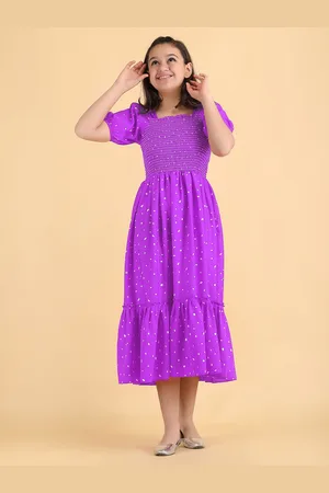 DEKLOOK Girls Geometric Printed Smocked Crepe Fit & Flare Dress