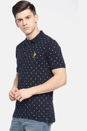 U.S. Polo Assn. Men Navy Blue White Printed Slim Fit Polo Collar Pure Cotton T-shirt
