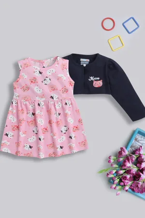BUMZEE Girls Conversational Printed Gathered Cotton A-Line Dress With Shrug