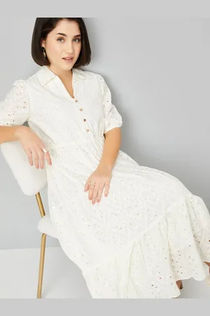 Max Collection Women Shirt Collared Schiffli Flounce Tiered Fit And Flared Midi Dress