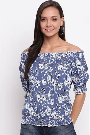 Mayra Blue & White Floral Print Off-Shoulder Bardot Top