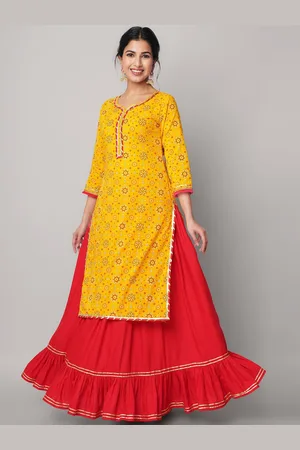 God Bless Women Yellow Floral Printed Gotta Patti Pure Cotton Kurta with Skirt