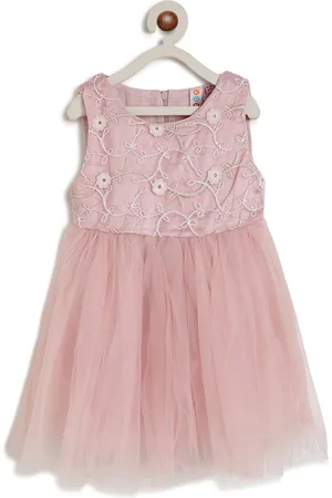 Kids On Board Peach-Coloured Floral Embroidered Dress