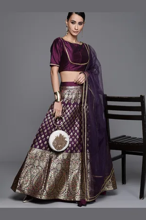 Inddus Women Purple & Golden Print Semi-Stitched Lehenga & Unstitched Blouse With Dupatta