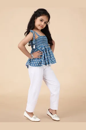 HERE&NOW Girls Navy Blue & White Ethnic Printed Smocked Cotton Peplum Top