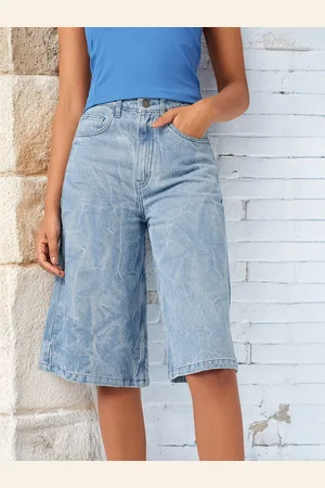 DressBerry Women Urban Street Crinkle Effect Washed Knee Length High Rise Denim Shorts
