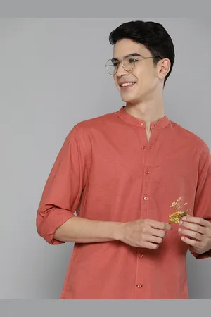 Mast & Harbour Men Mineral Red Regular Fit Solid Opaque Cotton Linen Casual Shirt