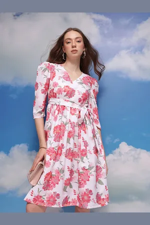 Corsica Floral Print V-Neck Puff Sleeves Tie-Ups A-Line Dress