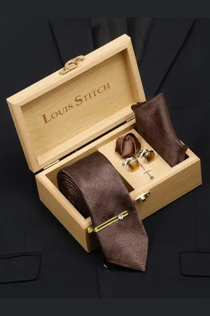 LOUIS STITCH Men Van Dyke Brown Italian Silk Necktie Accessory Gift Set